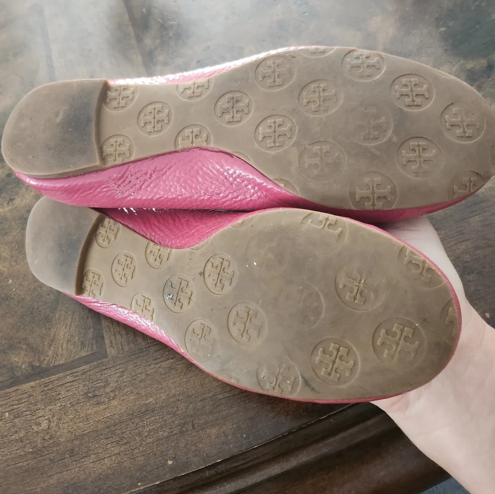 Tory Burch Reva Logo Pink Leather Slip On Ballet Flats size 7.5